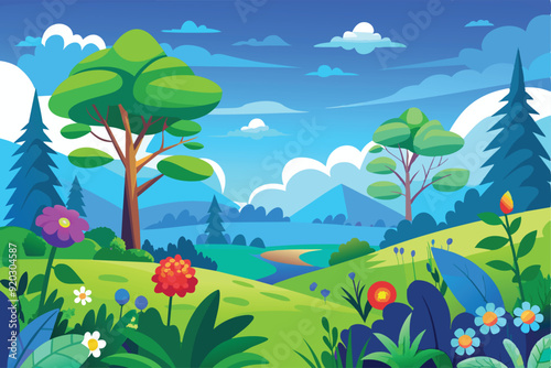 Cartoon vector design illustration of hilly forest scenery with green trees and colorful flowers and mountains with blue sky.