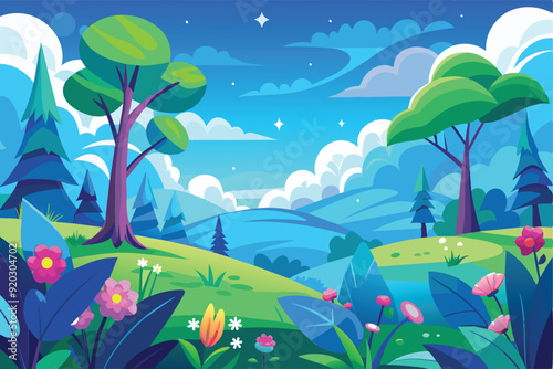 Cartoon vector design illustration of hilly forest scenery with green trees and colorful flowers and mountains with blue sky.
