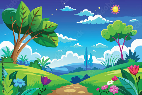 Cartoon vector design illustration of hilly forest scenery with green trees and colorful flowers and mountains with blue sky.