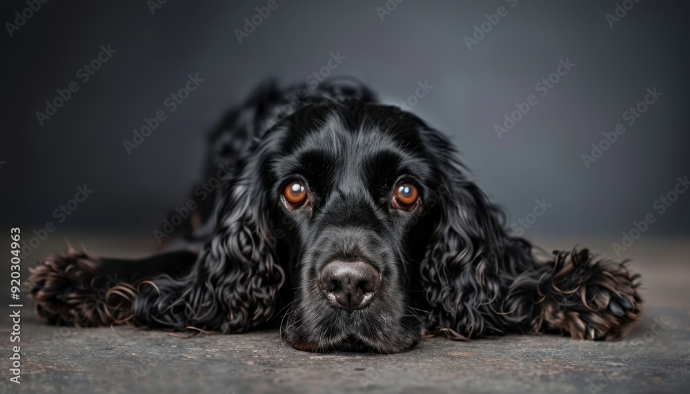 Black spaniel resting on the floor with soulful eyes in a dimly lit studio Black spaniel resting on the floor with soulful eyes in a dimly lit studio