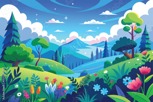 Cartoon vector design illustration of hilly forest scenery with green trees and colorful flowers and mountains with blue sky.