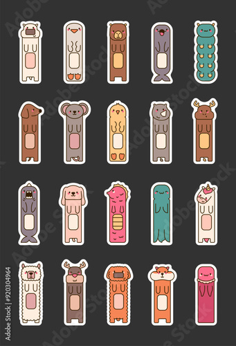 Funny animal bookmarks. Sticker. Cartoon characters for reading books. Hand drawn style. Vector drawing. Collection of design elements.