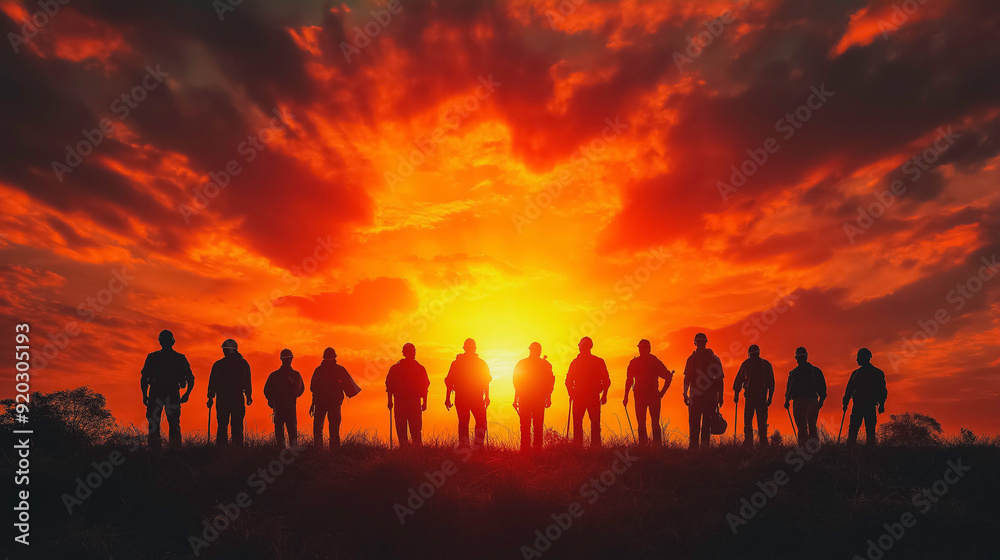 Group of workers from various sectors standing together, sunrise backdrop Group of workers from various sectors standing together, sunrise backdrop
