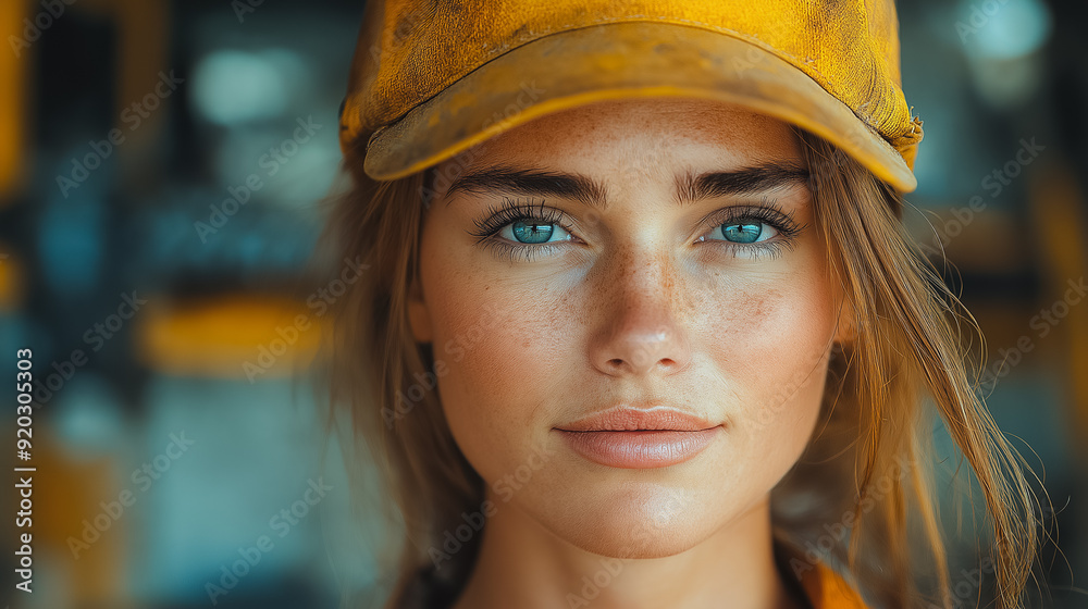 Portrait of a female worker, industrial backdrop, powerful expression, International Workers' Day focus Portrait of a female worker, industrial backdrop, powerful expression, International Workers' Day focus
