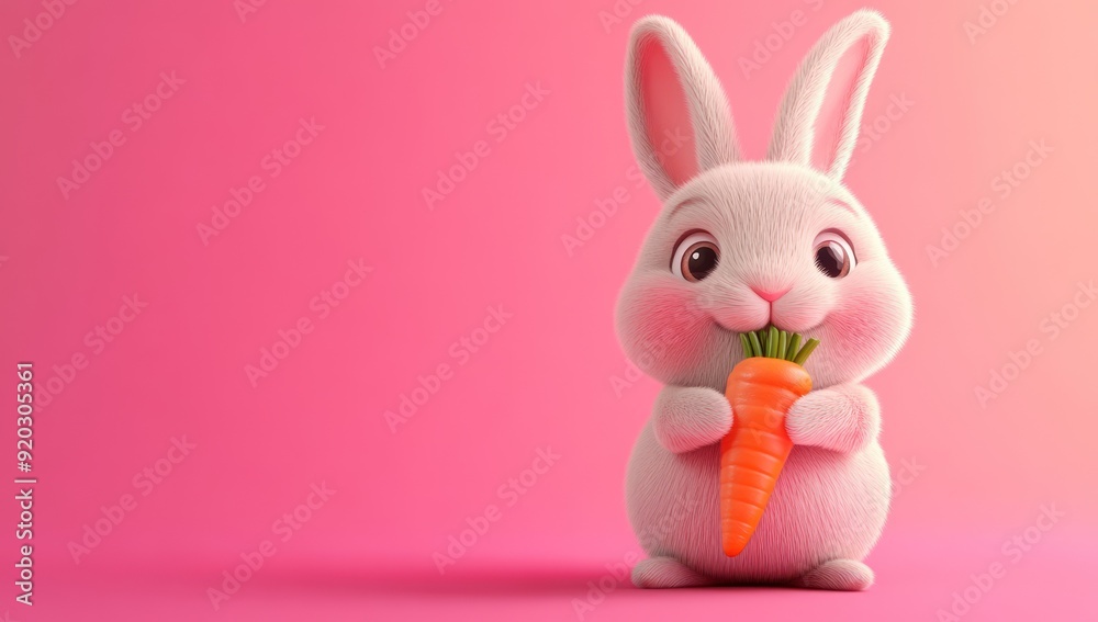 Cute Bunny Eating a Carrot on Pink Background Cute Bunny Eating a Carrot on Pink Background