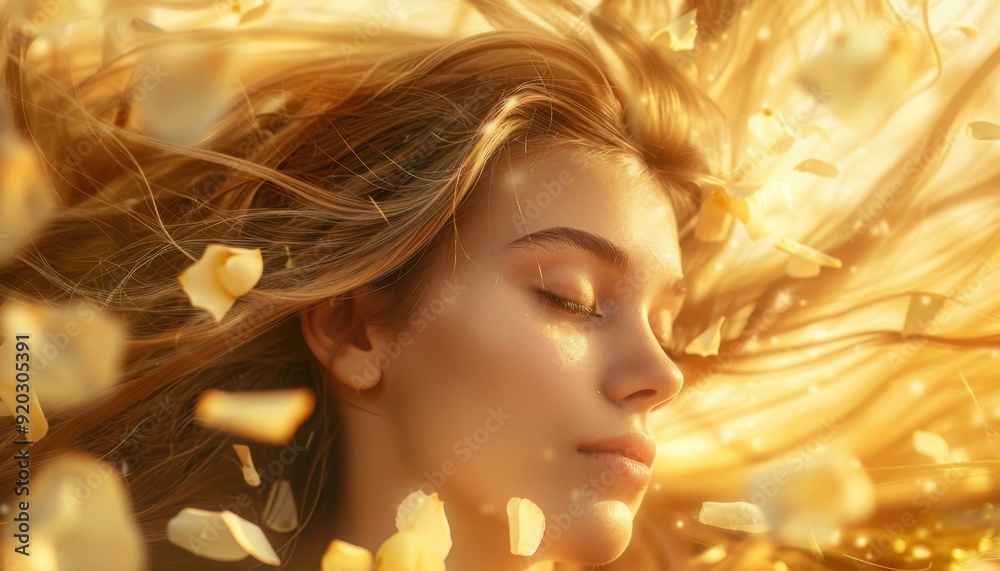 Young woman with long hair surrounded by golden petals in a serene outdoor setting during sunset Young woman with long hair surrounded by golden petals in a serene outdoor setting during sunset