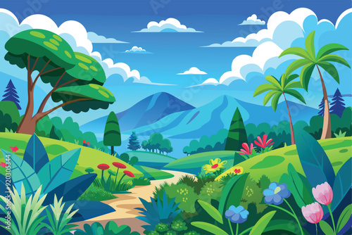 Cartoon vector design illustration of hilly forest scenery with green trees and colorful flowers and mountains with blue sky.