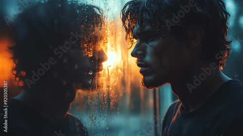 A contemplative man gazes at his reflection on a rainy window, capturing a moment of introspection during sunset.