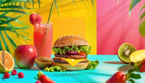 Colorful burger with fresh ingredients and a fruity drink on a vibrant tropical background