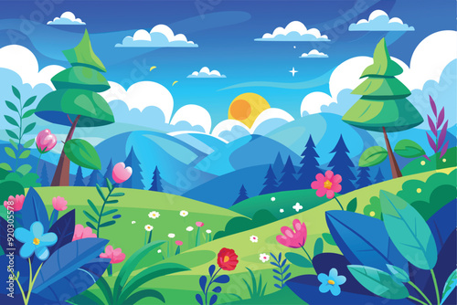 Cartoon vector design illustration of hilly forest scenery with green trees and colorful flowers and mountains with blue sky.