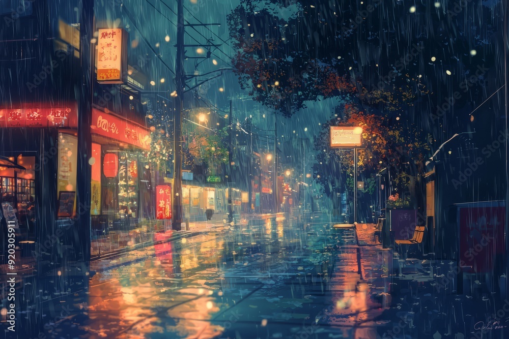 A gentle rain falling on a quiet night walk with reflections on wet surfaces. Cozy vibe, Generative AI A gentle rain falling on a quiet night walk with reflections on wet surfaces. Cozy vibe, Generative AI