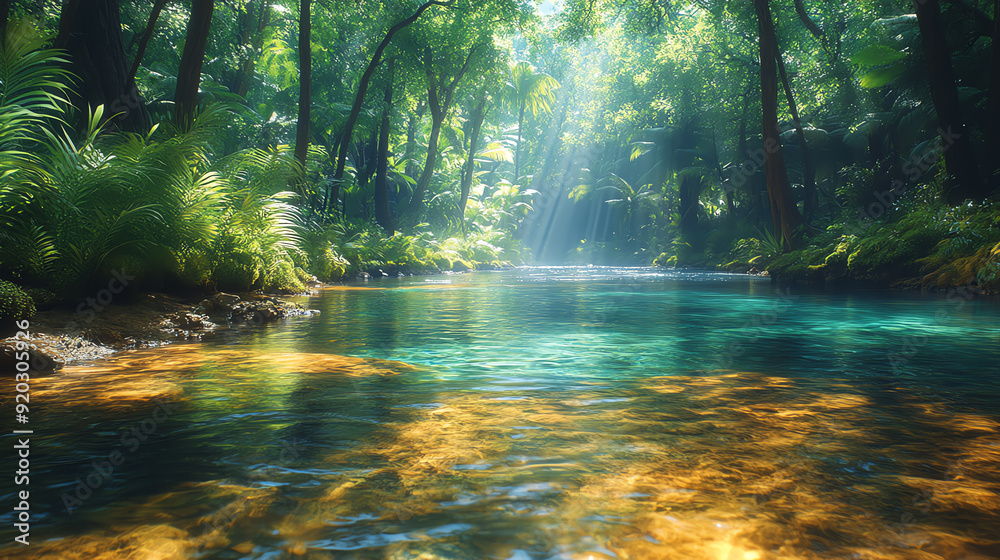 Fototapeta premium A serene forest scene featuring a crystal-clear river illuminated by sunlight, surrounded by lush greenery and vibrant reflections.