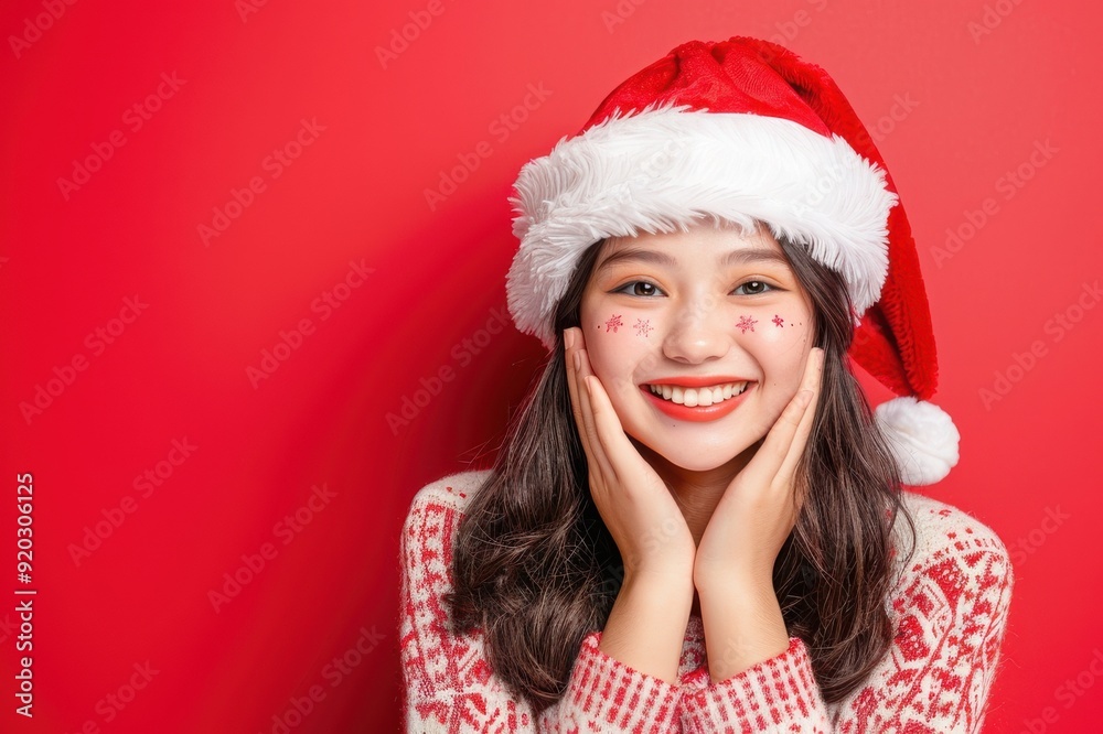 クリスマスを楽しむ笑顔のサンタ帽をかぶった日本人女性(コスプレ・冬・12月・お祭り・クリスマスイブ) クリスマスを楽しむ笑顔のサンタ帽をかぶった日本人女性(コスプレ・冬・12月・お祭り・クリスマスイブ)