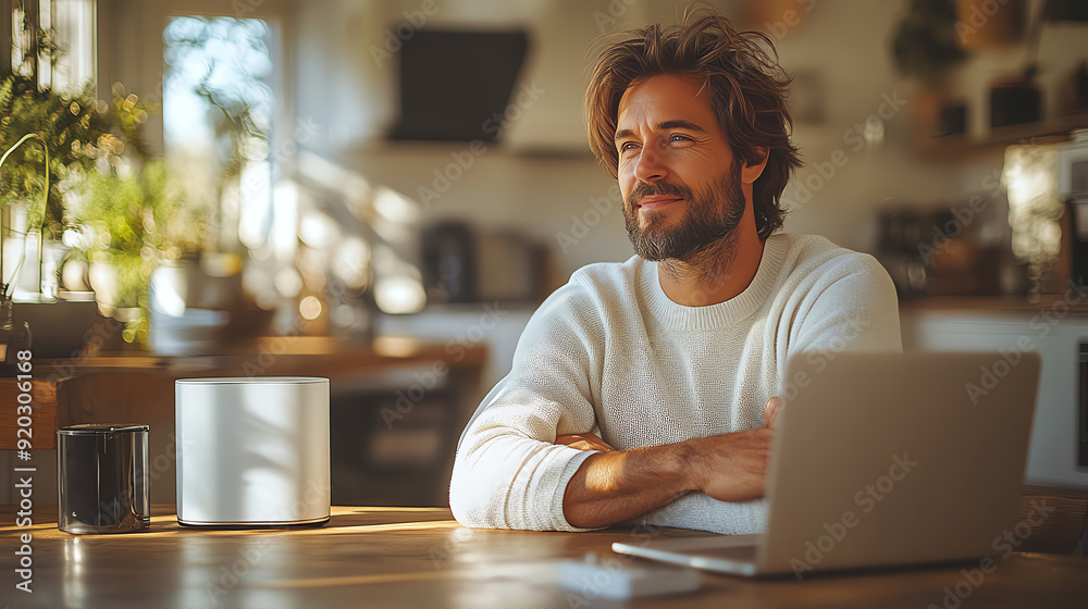 A thoughtful man sits at a desk, enjoying the warm atmosphere of a modern workspace with greenery and a laptop.