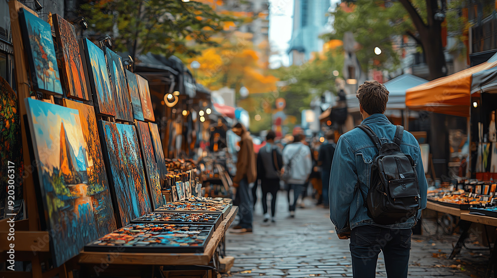 Fototapeta premium A vibrant market scene with artworks displayed, capturing the essence of urban life and creativity during autumn.