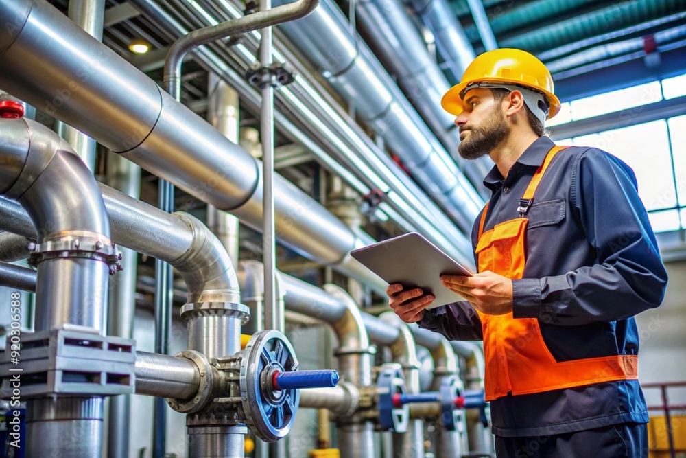 A man in a yellow hard hat is looking at a tablet while standing in front of a b A man in a yellow hard hat is looking at a tablet while standing in front of a b