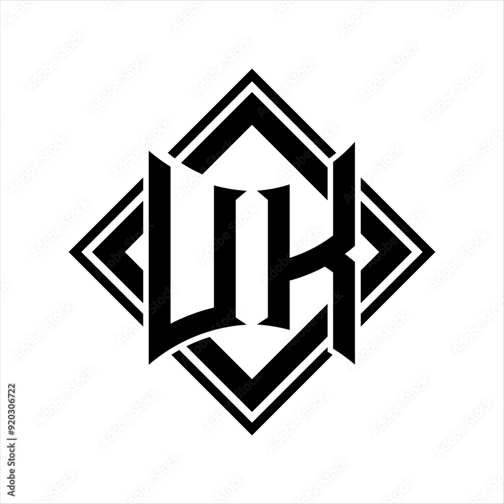 UK Letter logo with abstract shield shape with square black outline on white background design UK Letter logo with abstract shield shape with square black outline on white background design
