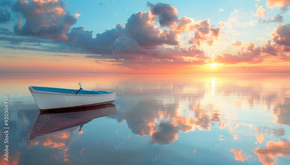 Sunset over tranquil waters with a lone boat reflecting in the peaceful lake Sunset over tranquil waters with a lone boat reflecting in the peaceful lake