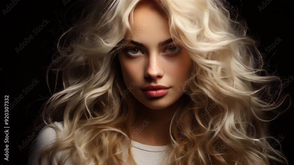 Blonde woman with wavy hair posing against a dark background Blonde woman with wavy hair posing against a dark background