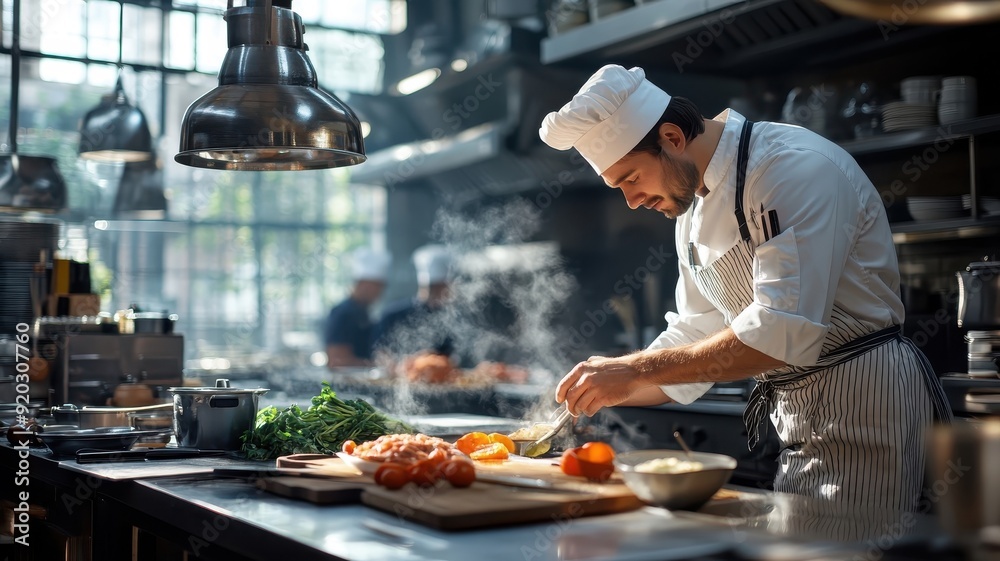 Bustling kitchen with chefs preparing meals, fresh ingredients, and a ...