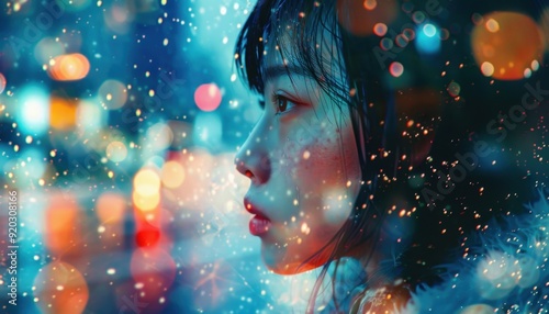 A young woman gazing thoughtfully amidst a sparkling cityscape at night during winter