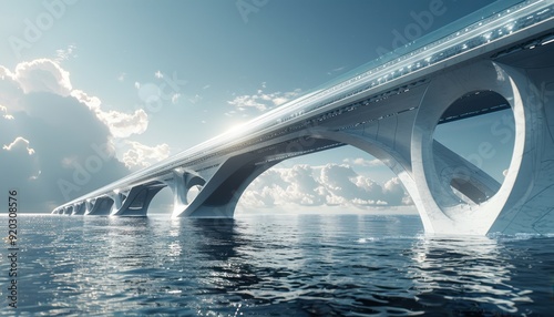 Modern bridge design over tranquil waters under a bright, cloudy sky photo