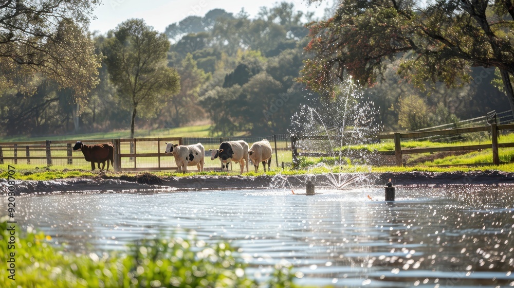 Obraz premium Cows relax near a pond with a fountain, surrounded by lush greenery under a sunny sky