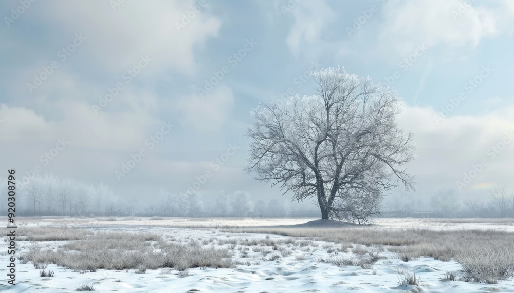 Snow-covered landscape with a lone tree under a cloudy sky in winter Snow-covered landscape with a lone tree under a cloudy sky in winter