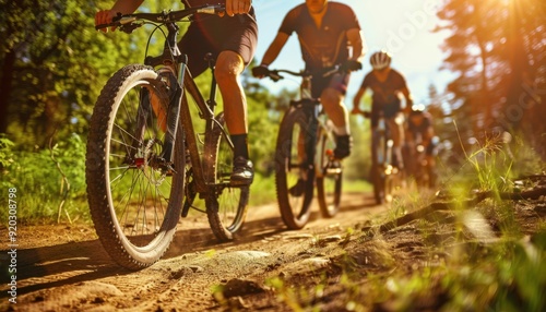 Mountain bikers riding on a sunny forest trail during late afternoon