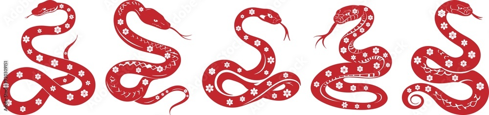 Set of snakes icons with floral design. Happy Chinese new year 2025 Zodiac signs Set of snakes icons with floral design. Happy Chinese new year 2025 Zodiac signs