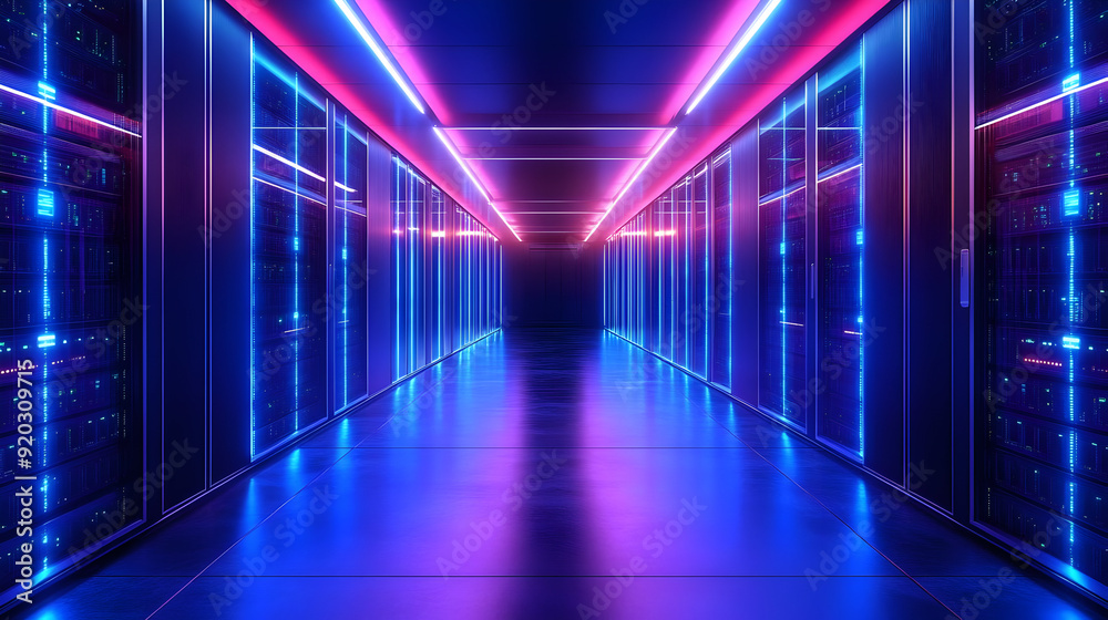A futuristic data center corridor illuminated with neon lights. A futuristic data center corridor illuminated with neon lights.