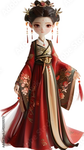 Elegant 3D character of a beautiful woman in traditional Hanfu on a white background, showcasing the richness of Chinese culture and heritage. This charming design embodies grace and sophistication, m