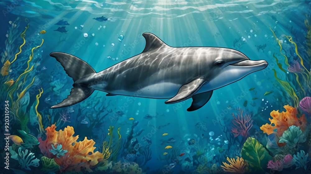 Naklejka premium illustration of baby dolphin on underwater leaf background