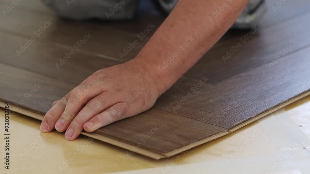 Man hands shown close-up as he installs laminate flooring on his knees. Detailed shot of home improvement work. Ideal for construction and renovation content