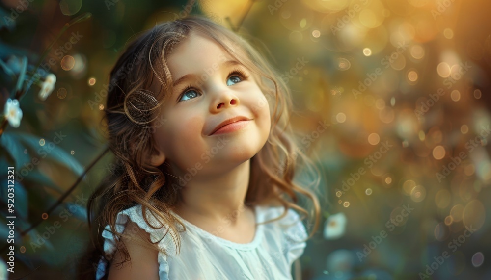 Young girl gazes upward with a smile in a sunlit garden during springtime Young girl gazes upward with a smile in a sunlit garden during springtime