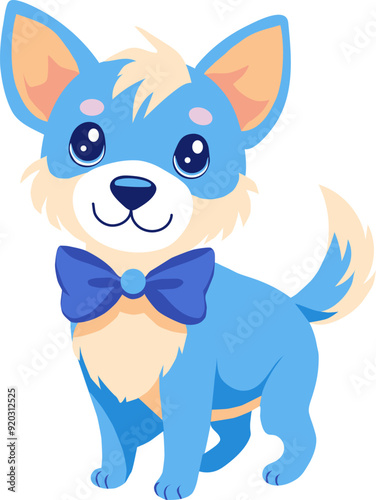 smile cute female blue dog with a blue bow, dark blue eyes, chest fur, nose, cheeks, creamy white tail