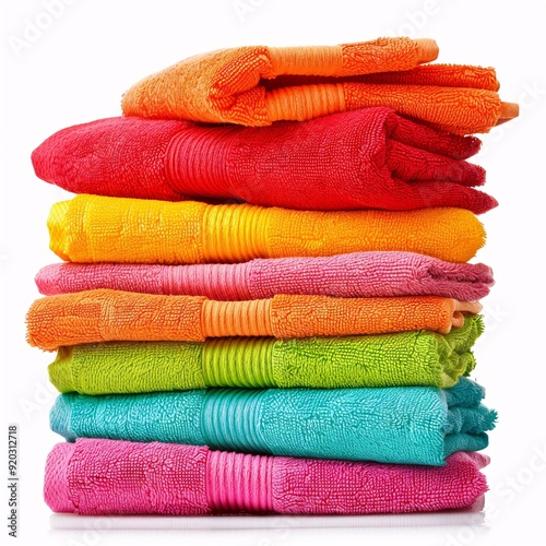 Vibrant Stack of Colorful Towels on White Background for Spa and Bathroom Concepts