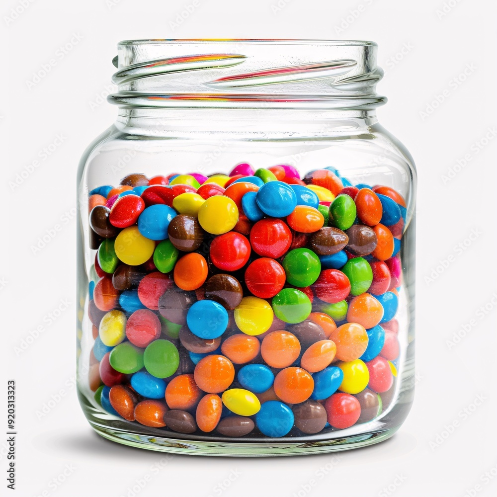 Colorful Sweet Treats - Glass Jar Filled with Bright Candies on White Background Colorful Sweet Treats - Glass Jar Filled with Bright Candies on White Background