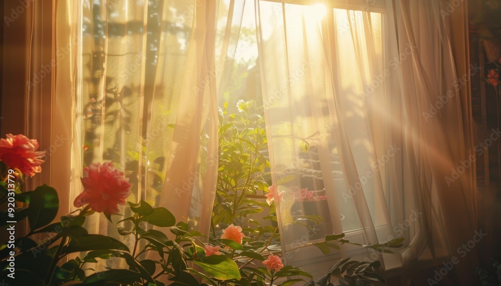 Soft sunlight streaming through sheer curtains with blooming flowers in the foreground Soft sunlight streaming through sheer curtains with blooming flowers in the foreground