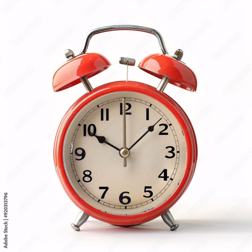 Timeless Elegance - Red Classic Alarm Clock with Bells on White Background Timeless Elegance - Red Classic Alarm Clock with Bells on White Background