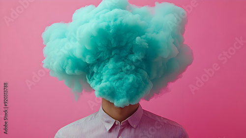 A person with a cloud of blue smoke obscuring their head against a pink background. photo