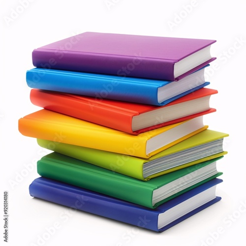 Towering Stack of Vibrant Hardcover Books on White Background