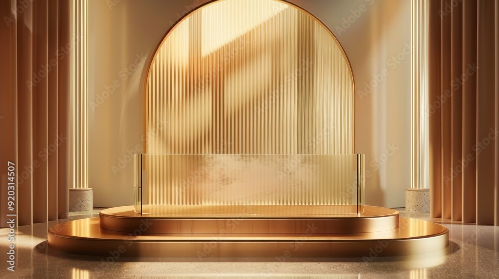 A luxurious golden backdrop with vertical lines sets the scene in a contemporary architectural space illuminated by natural light A luxurious golden backdrop with vertical lines sets the scene in a contemporary architectural space illuminated by natural light