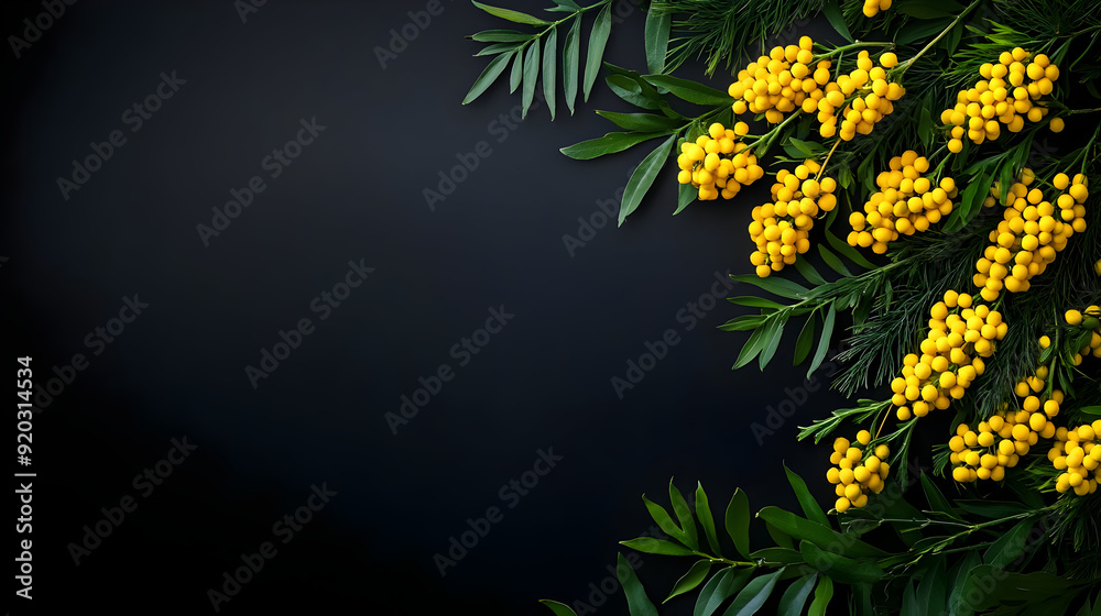 A close-up of vibrant yellow flowers and green leaves against a dark background. A close-up of vibrant yellow flowers and green leaves against a dark background.