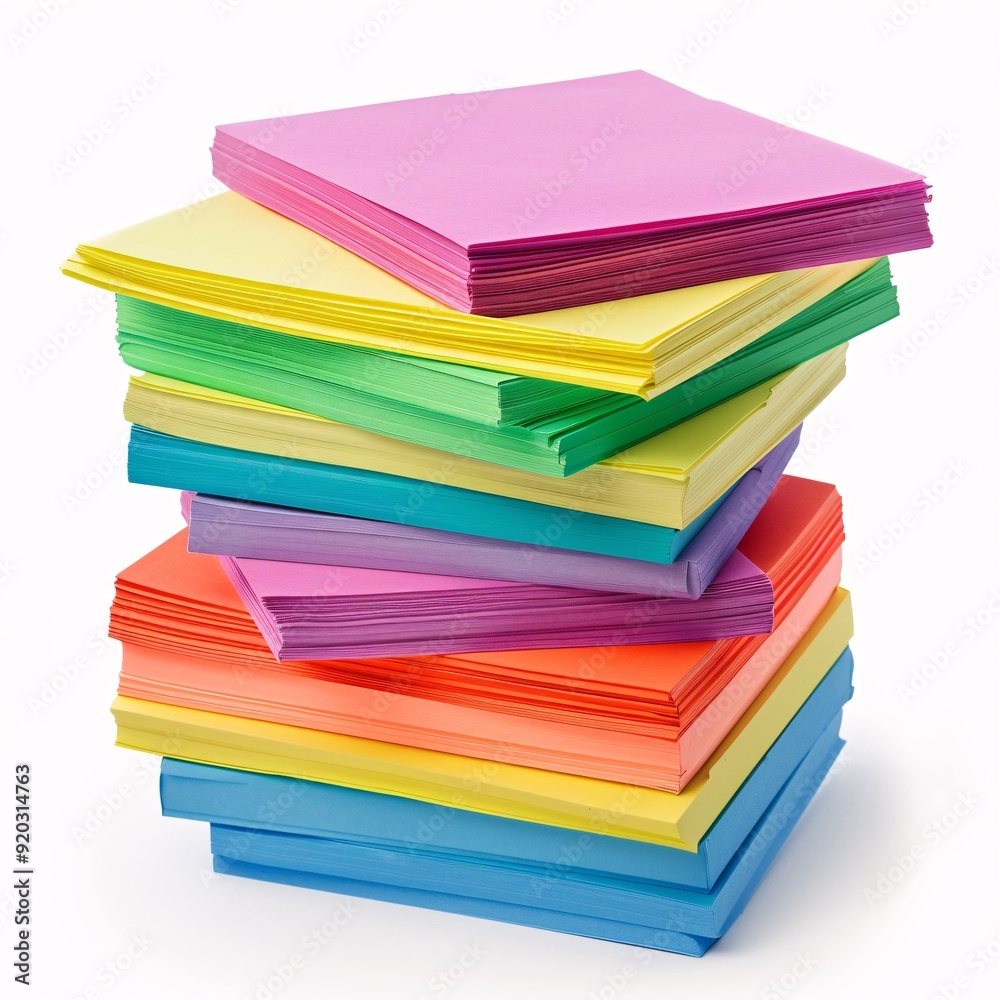 Organized Stack of Vibrant Sticky Notes on White Background Organized Stack of Vibrant Sticky Notes on White Background