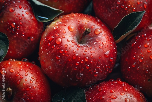 Macro shot of apple. Water drops on apple. Close up photo of apple.
 photo