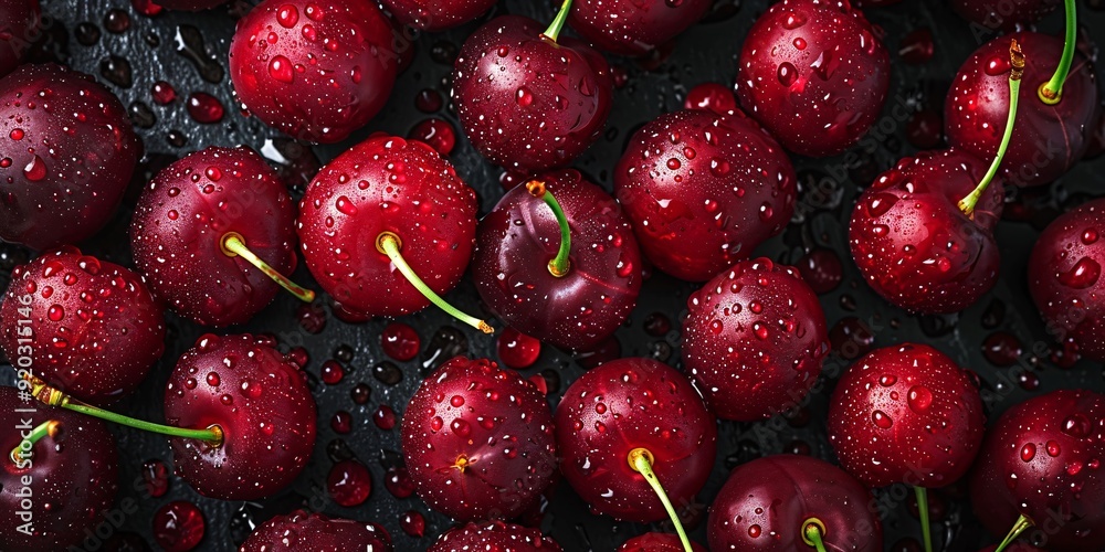 Red cherries with droplets of water covering their glossy surfaces. Cherry banner. Cherries background. Close-up food photography Red cherries with droplets of water covering their glossy surfaces. Cherry banner. Cherries background. Close-up food photography