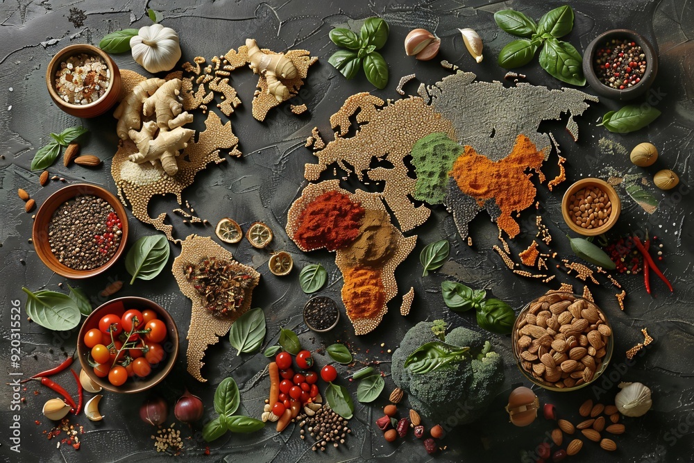 Diverse range of global cuisines. Top view of world map made of food ingredients and vegetables.
Diverse range of global cuisines. Top view of world map made of food ingredients and vegetables.