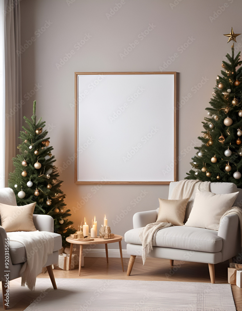 a cozy living room with large blank frame on wall, christmas tree with light, beige sofa, pillow beige , mockup frame , decoration, christmas a cozy living room with large blank frame on wall, christmas tree with light, beige sofa, pillow beige , mockup frame , decoration, christmas