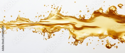 A golden liquid splash with droplets, isolated on a white background.